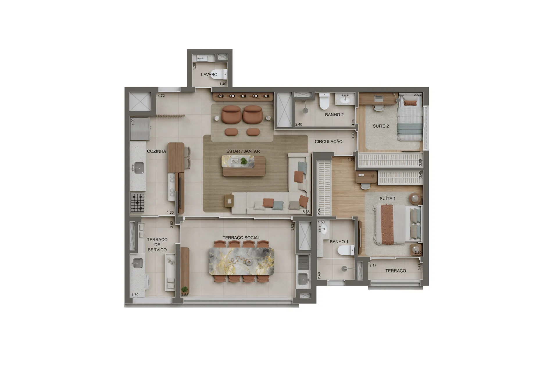 100m² | 2 suítes opção ampliada c/ lavabo