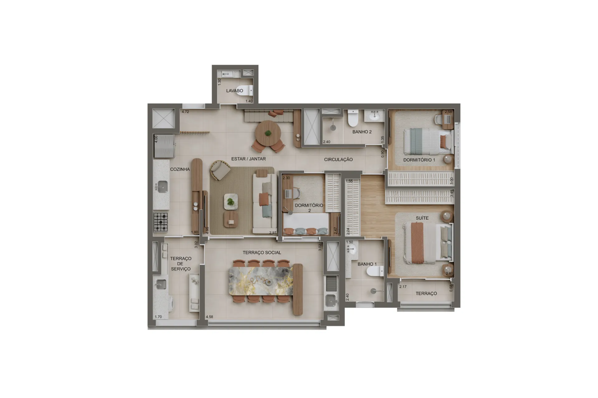 100m² | 3 Dorms. (1 suíte) c/ lavabo