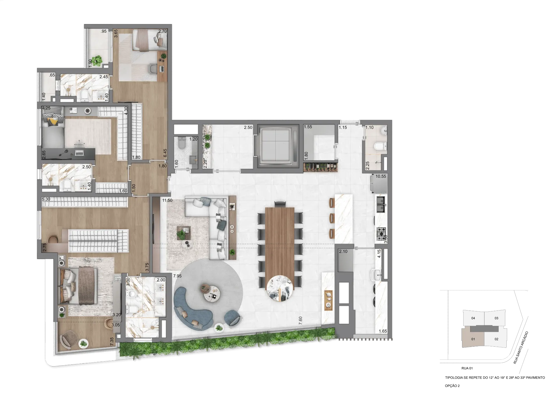 Planta Opção II - 208 m² com 3 Suítes