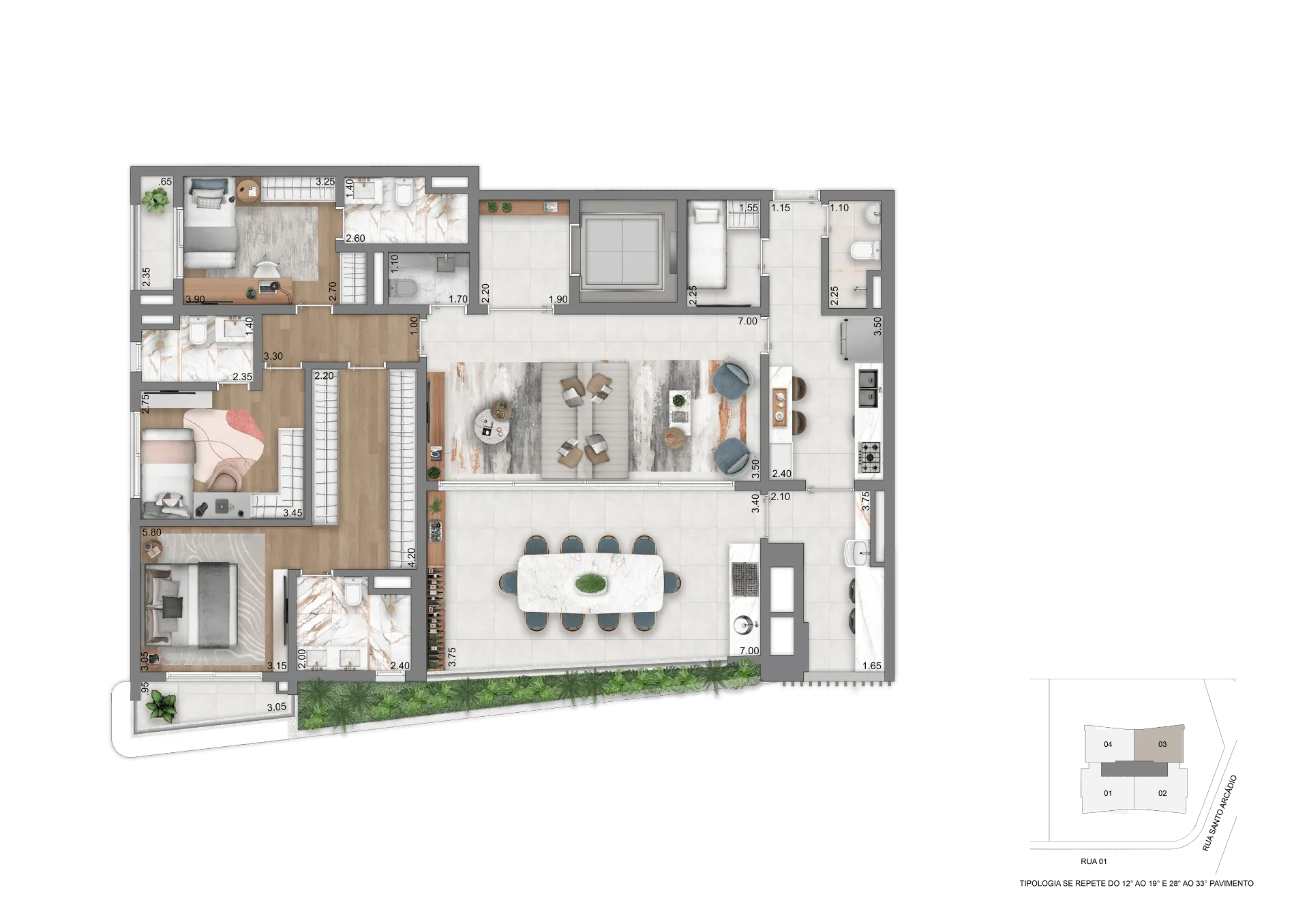 Planta Padrão - 169 m² com 3 Suítes