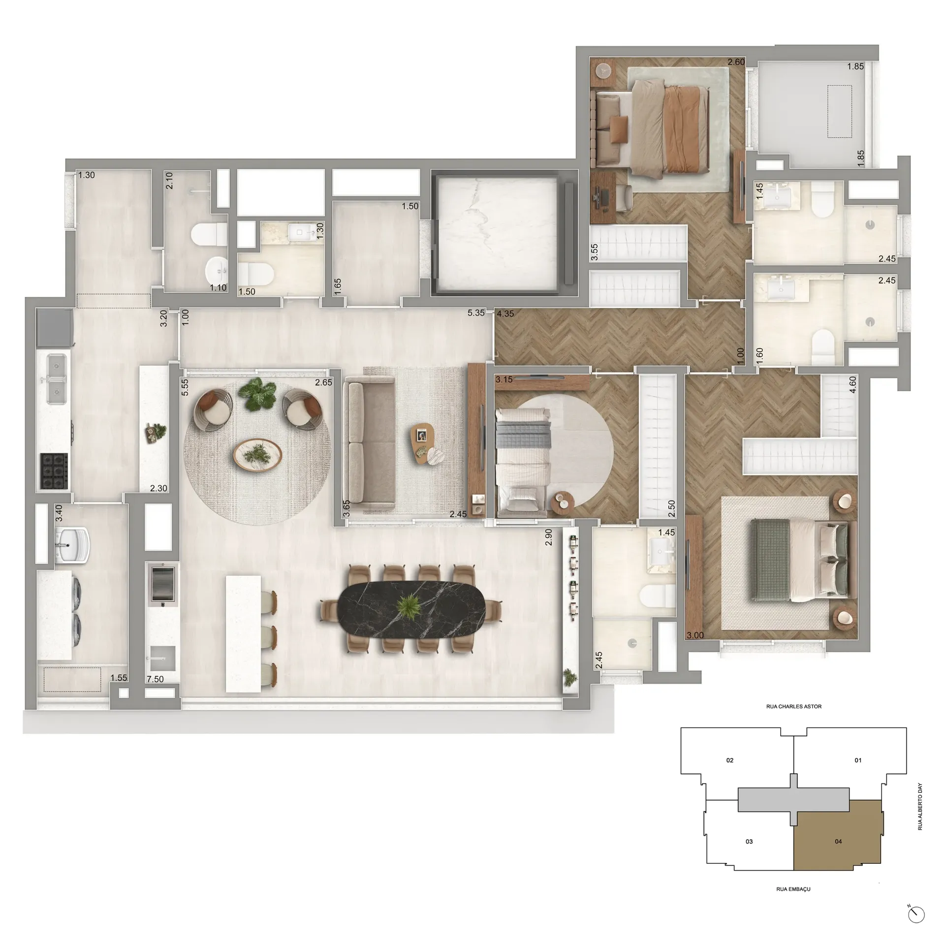 Planta 136m² com 3 ou 2 Suítes