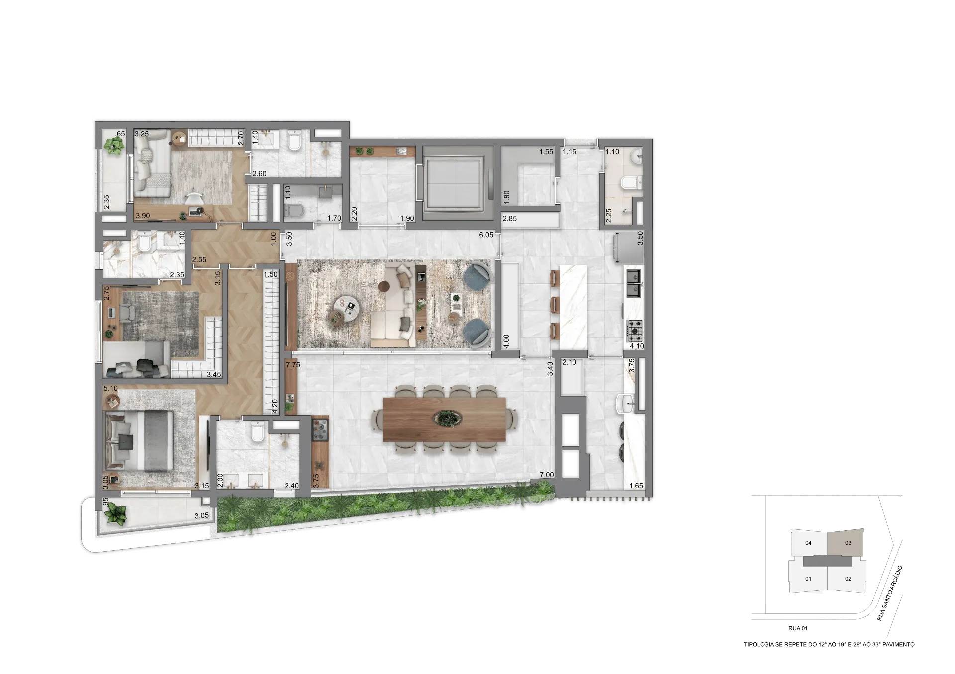 Planta Opção II - 169 m² com 3 Suítes