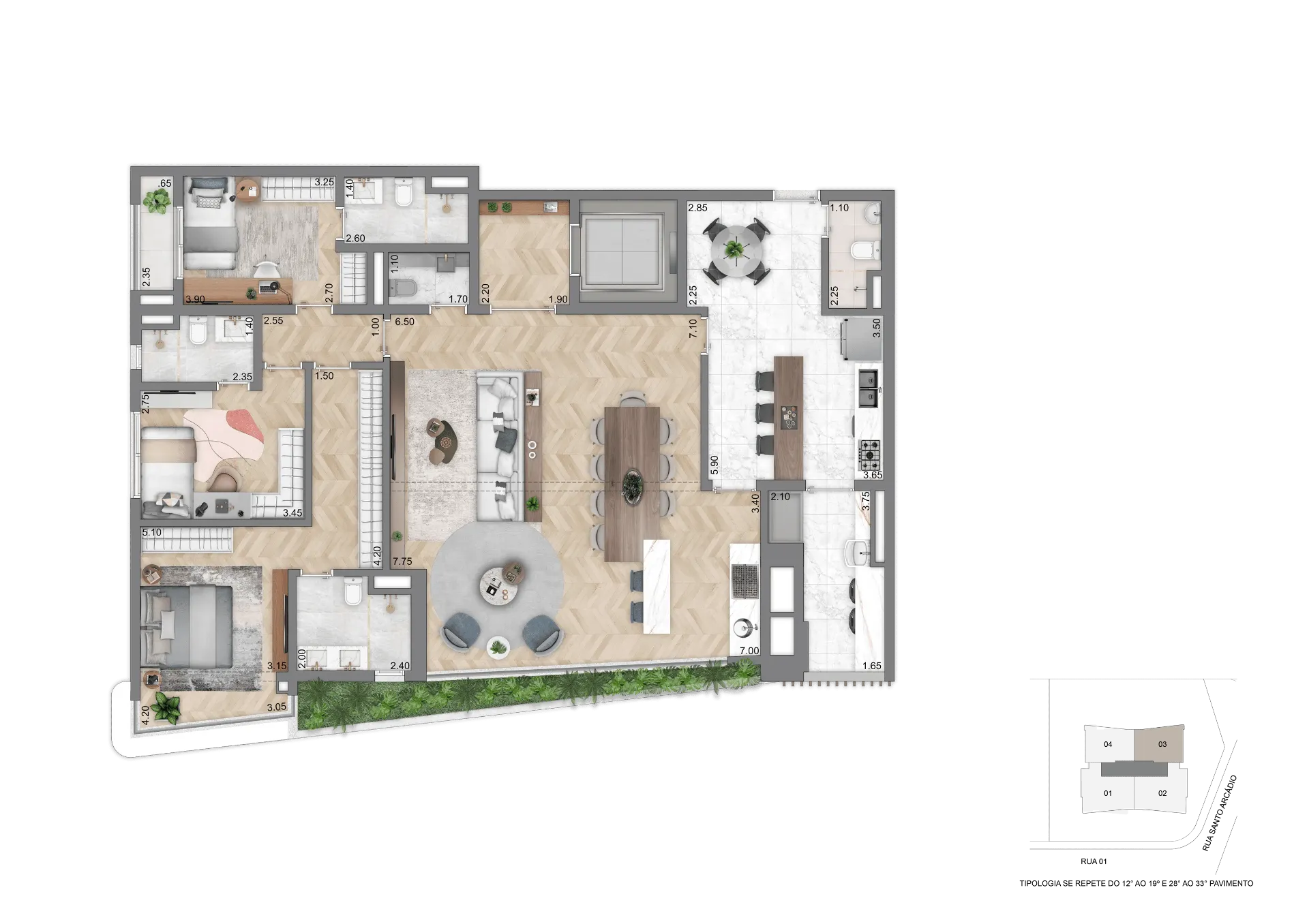 Planta Opção I - 169 m² com 3 Suítes