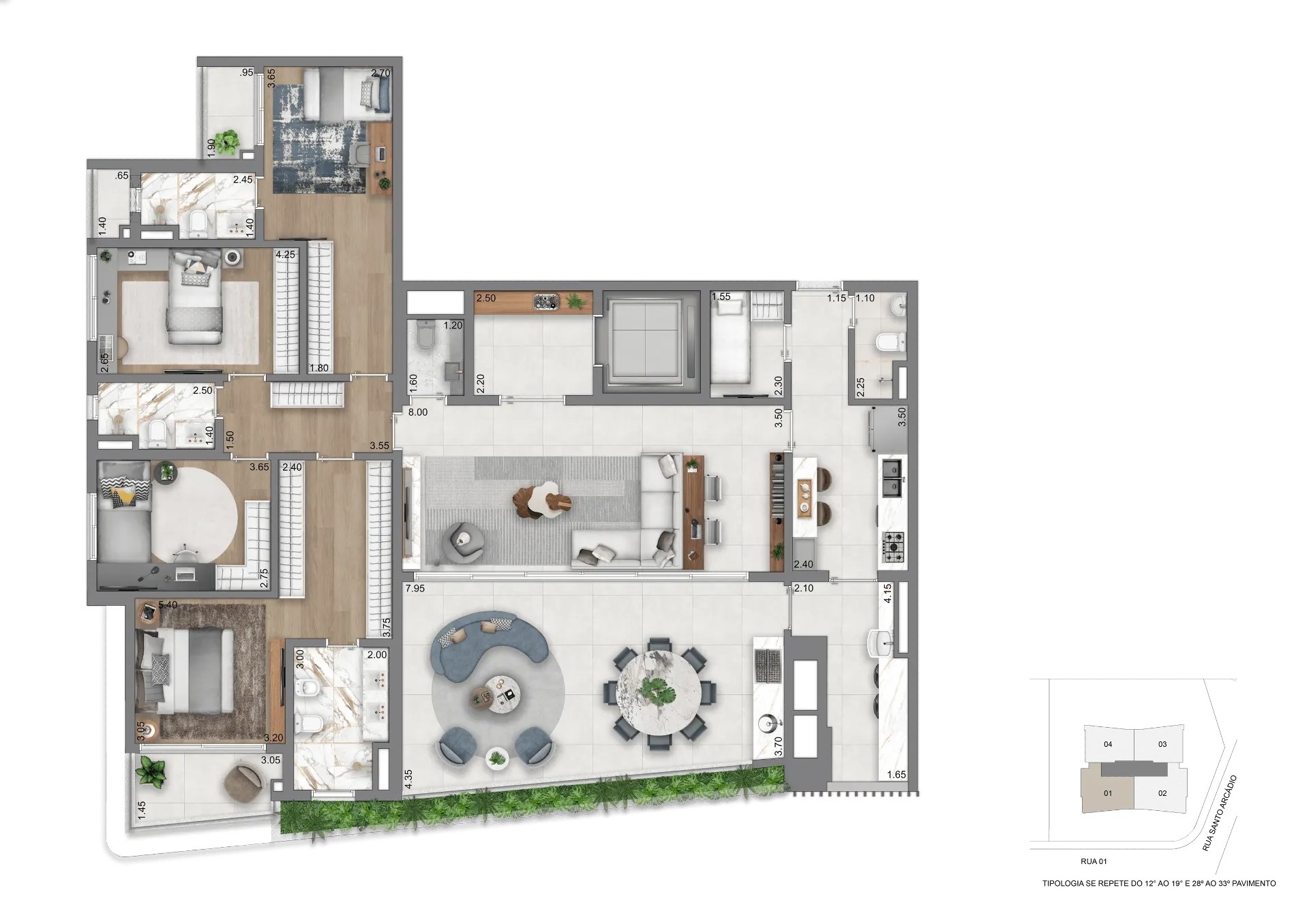 Planta Padrão - 208 m² com 4 Dorms sendo 2 Suítes