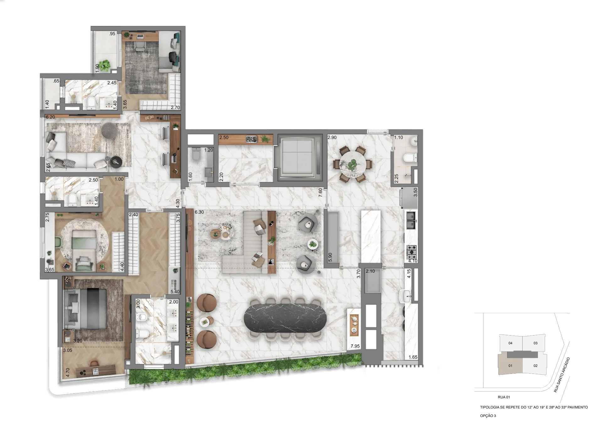 Planta Opção III - 208 m² com 3 Suítes