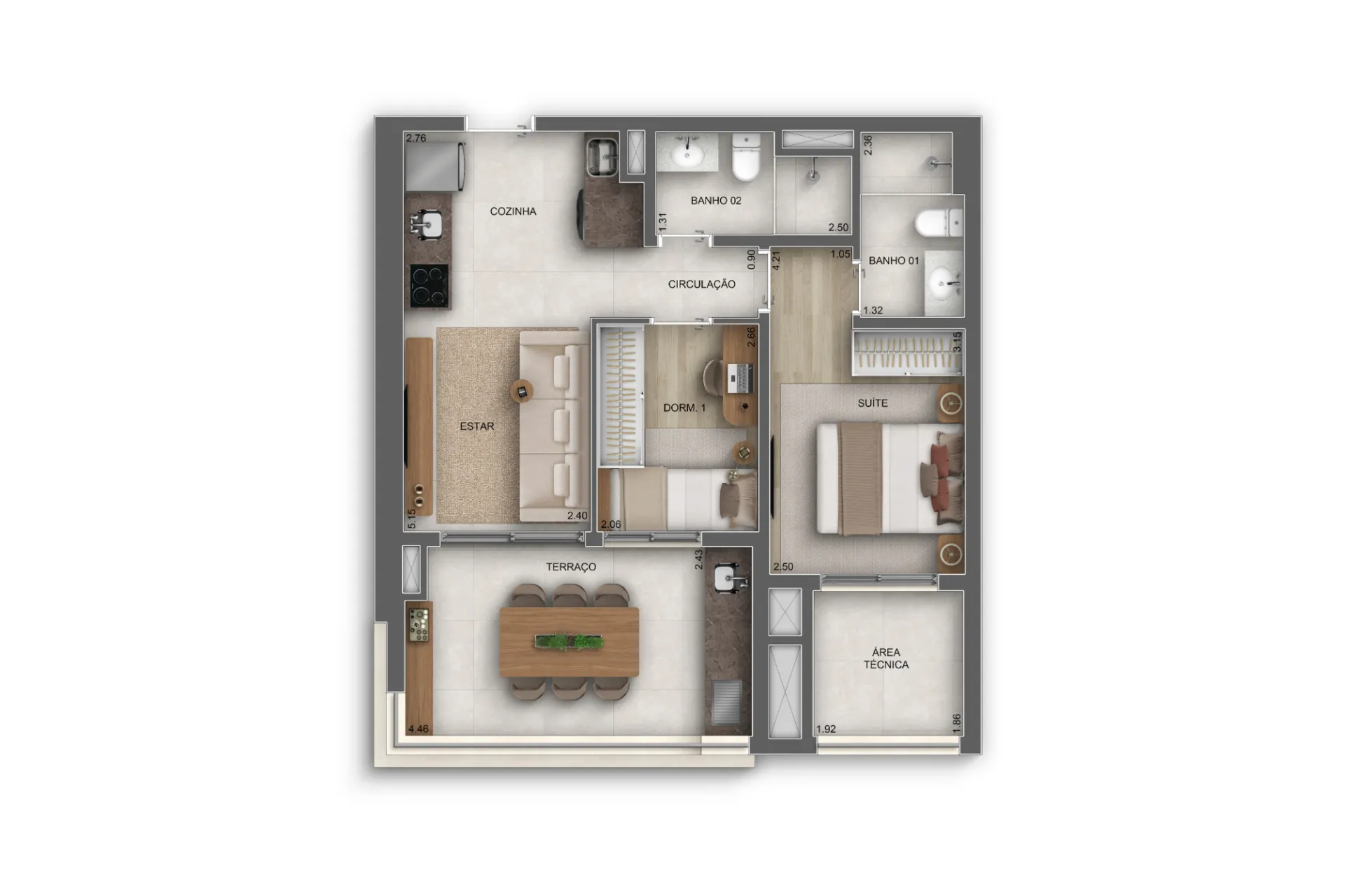 Apartamento 61 metros com 2 Dorms. (1 suíte)
