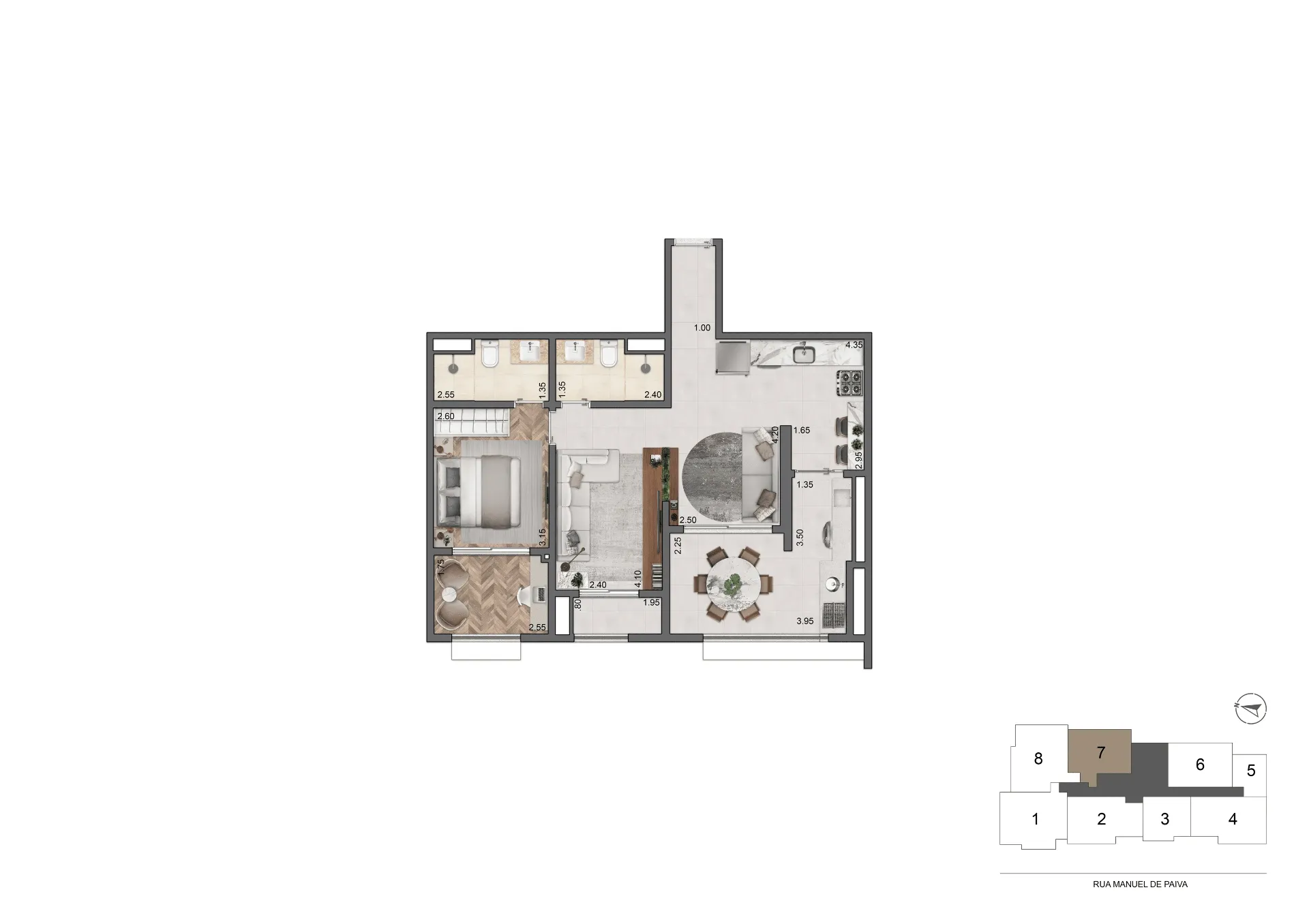 Planta Opção 70 m² | 1 Suíte