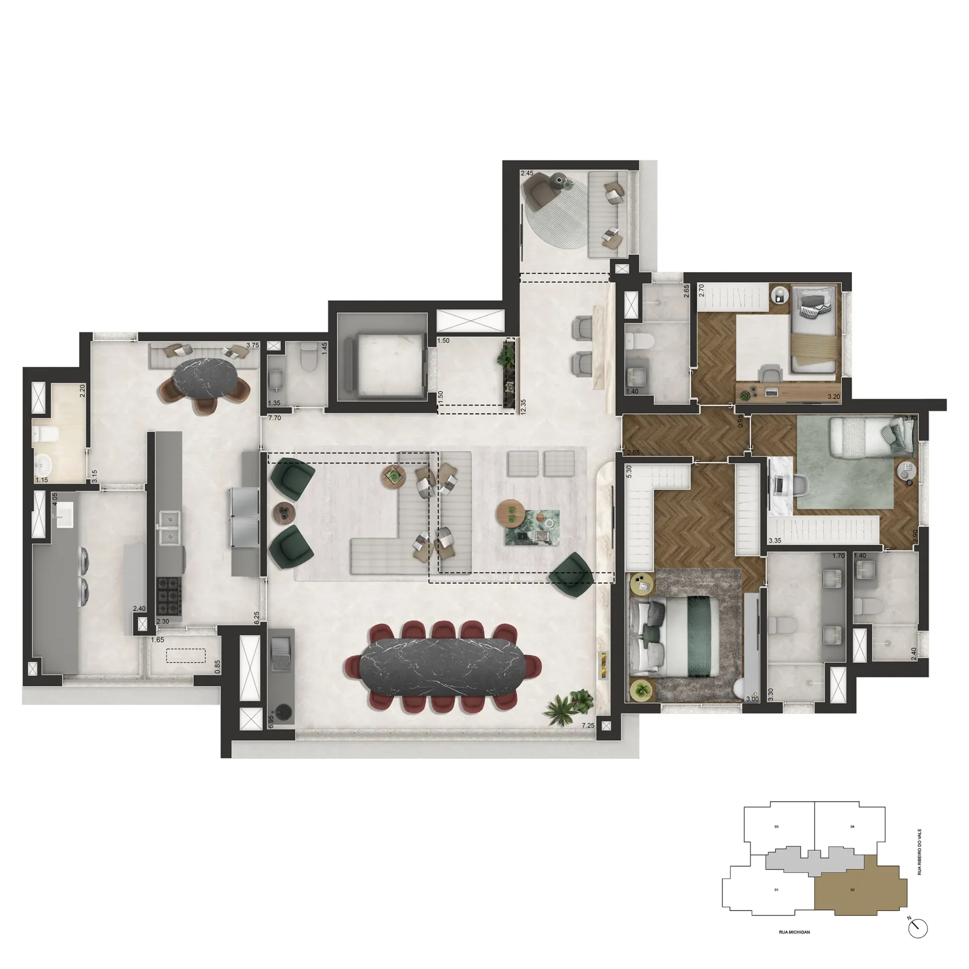 Planta Opção 3 Suítes | 178m²