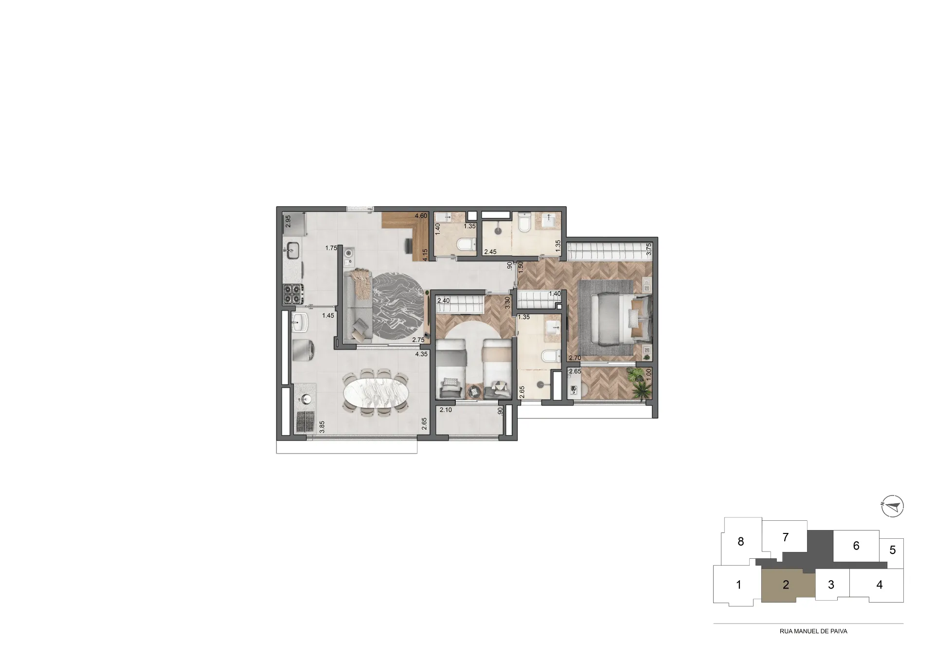 Planta Padrão 77 m² | 2 Suítes