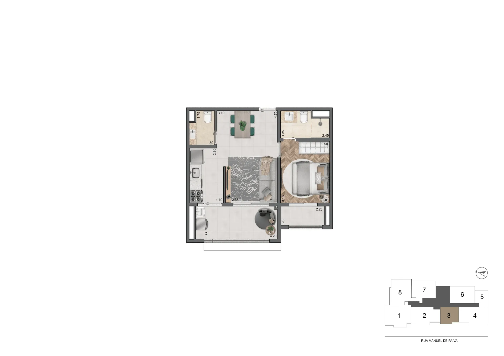 Planta Padrão 47 m² | 1 Suíte