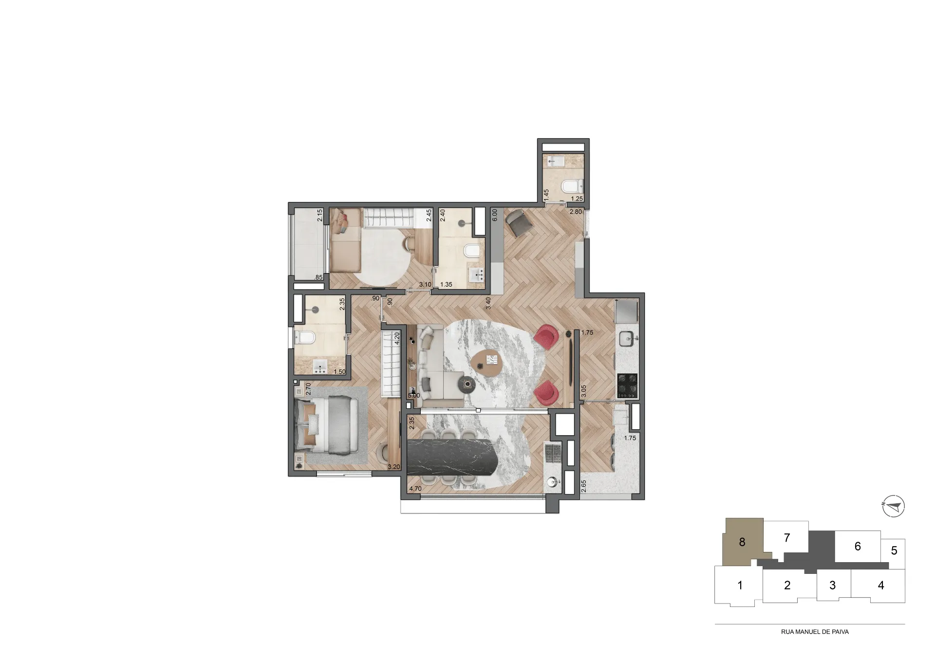 Planta Opção 87 m² | 2 Suítes