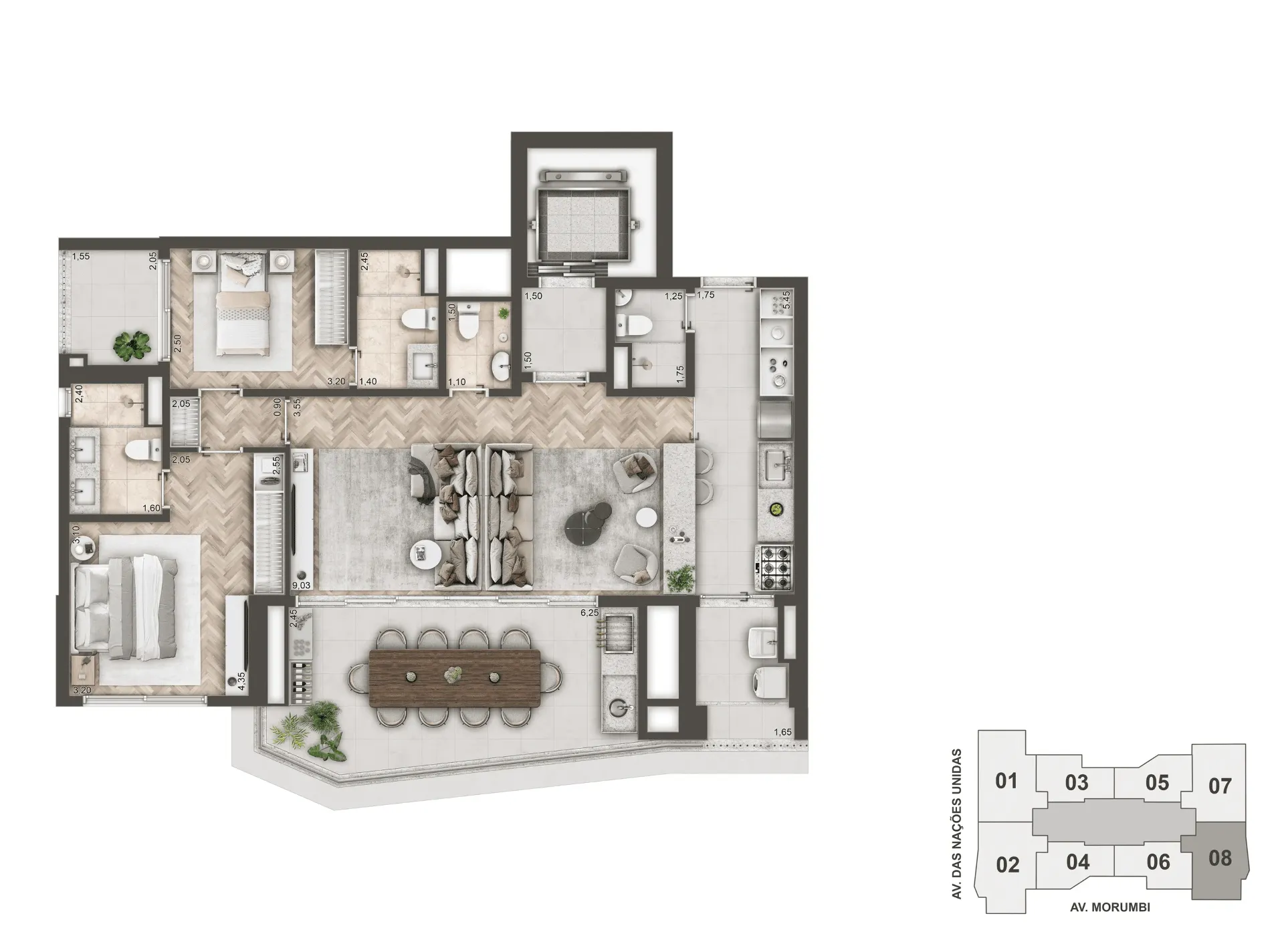 Planta Opção 114 m² | 2 Suítes