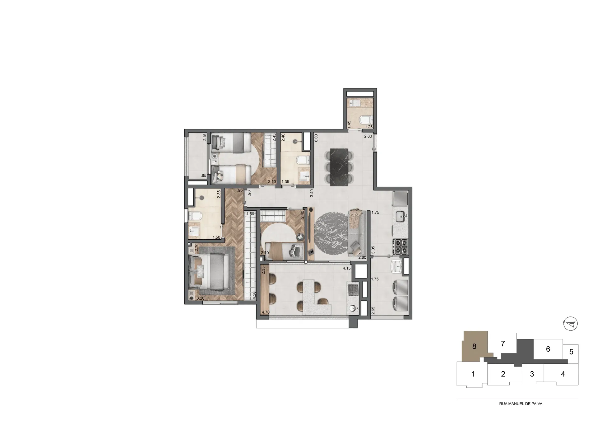 Planta Padrão 87 m² | 3 Dorms