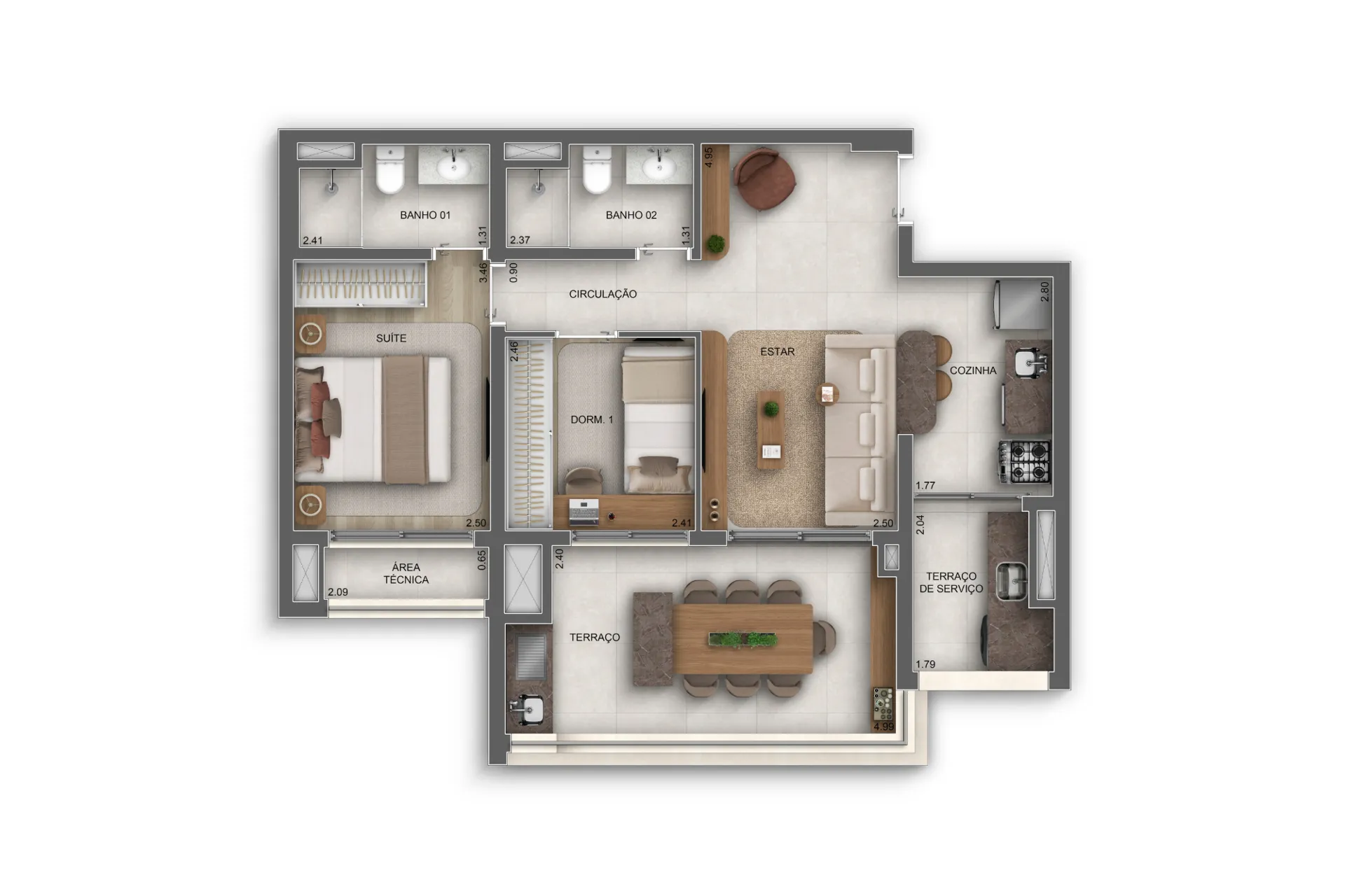 Apartamento 69 metros com 2 Dorms. (1 suíte)