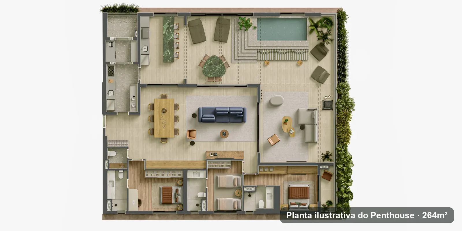 Planta de 264 m² — 3 suítes